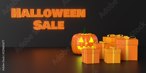 Halloween Big Sale promotion text, orange gift box and spooky pumpkin on black background, copy space. Seasonal shopping card, web banner, sale, discount poster template in 3D render illustration.