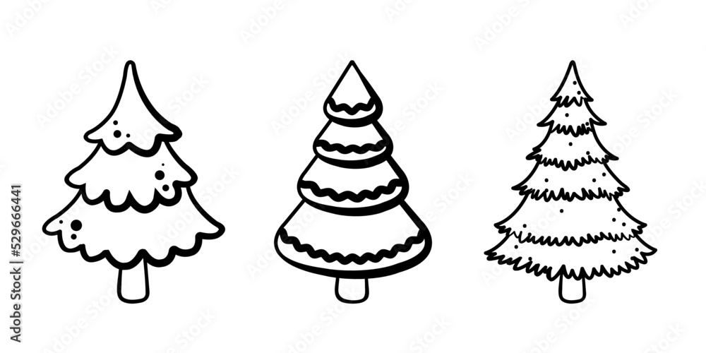 Fir tree black line icon set. Pine sketch illustration isolated on white background. Outline simple vector drawing. Abstract doodle fir tree illustration. Winter line icons Fir tree black line icon set. Pine sketch illustration isolated on white background. Outline simple vector drawing. Abstract doodle fir tree illustration. Winter line icons