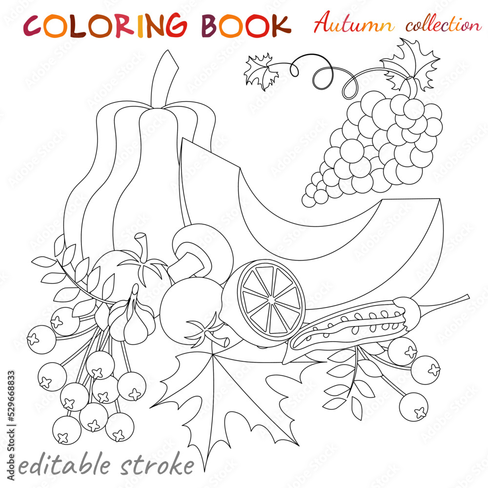 Autumn collection. Pumpkins, grapes, berries. Autumn still life. Relaxation coloring template. Autumn collection. Pumpkins, grapes, berries. Autumn still life. Relaxation coloring template.