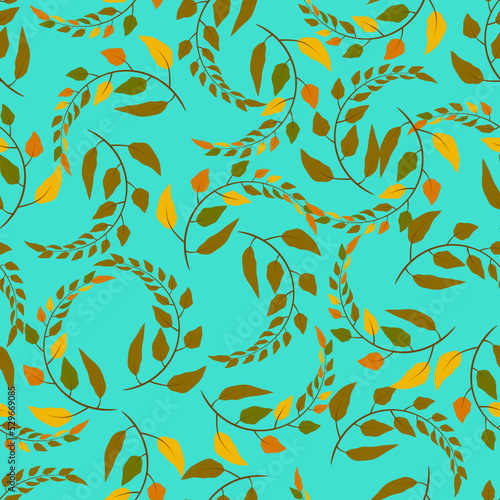 Autumn branches with leaves on turquoise background vector seamless pattern