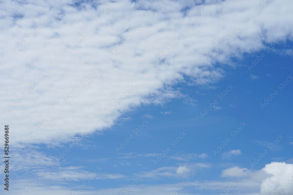 white thick clouds scattered in the sky,fluffy white clouds in a bright blue sky
