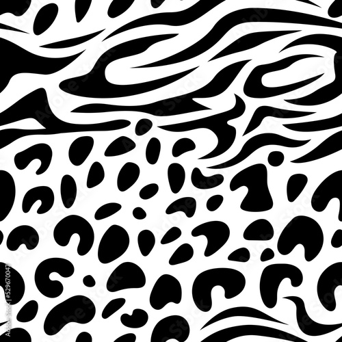 Leopard and zebra abstract seamless pattern. Animal skin vector background. Black and white texture