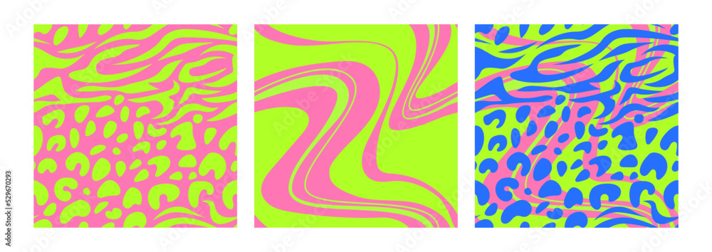 Set of psychedelic seamless patterns with abstract textures of zebra and leopard skin. Distorted wavy lines. Vector background with abstract animal skin in neon colors