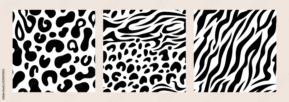 Leopard and zebra abstract seamless pattern. Animal skin vector background. Black and white texture