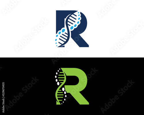 Abstract Letter R DNA Biology Logo Concept. Creative Science, Laboratory and Biotechnology Vector Icon.