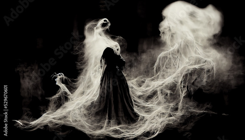 Abstract scary ghost of a woman made from smoke. Halloween background. Digital art