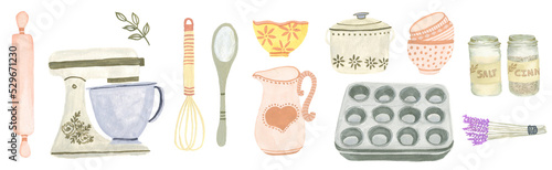 Quadro su tela Isolated Watercolor and Gouache hand painted collection of kitchen and baking items