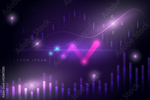 Finance and Economy Illustration Abstract Infographic with Neon Light Glow. Graph Diagram Chart Statistic Analytics Global. Futuristic Modern Background.