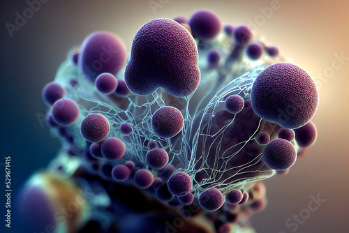 Mucor mold, Bread mold fungi, black fungus, Mucor indicus can cause zygomycosis. Abstract biology background, microscopic view of organic substance, microorganism or cells, Microbiology 3d render
 photo