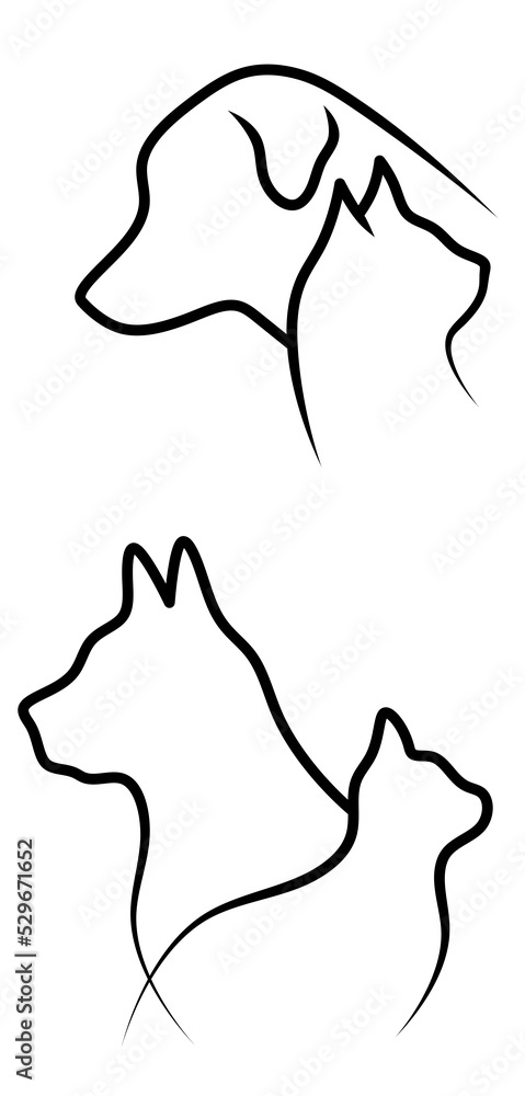 Pets logo. Line art cat and dog. minimalistic illustration of pets.