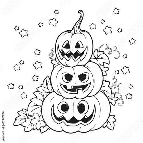 Three lantern from pumpkins with the cut out of a grin stand one on another outlined for coloring page isolated on white