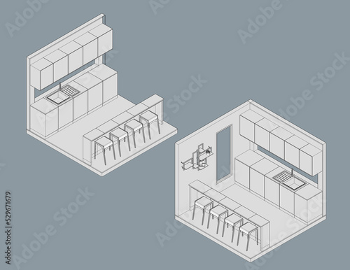 Low poly isometric view of kitchenette in studio house monochrome