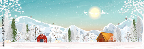 Winter landscape with snowing covering forest pine tree and mountains, Panoramic Winter wonderland with farm house in village,Vector Horizontal banner for Christmas holiday or New year 2023 background