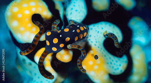 Blue-ringed octopus. The Deadly Blue Ringed Octopus, hapalochlaena. Beautiful underwater background photo