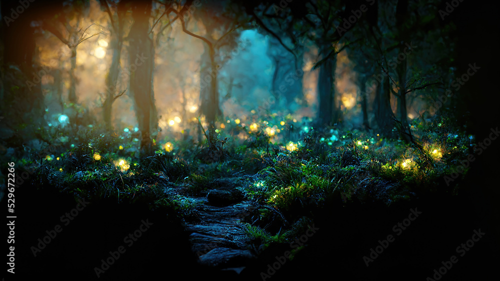 Dark magical fairy tale forest background with glowing lights - obrazy, fototapety, plakaty 