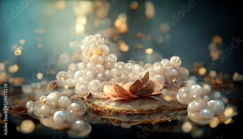 Fotografie Beautiful group of shiny pearls on soft background with sparkles and light beams with copy space