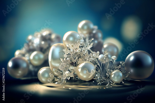 Beautiful group of shiny pearls with jewelry on soft background with sparkles. Abstract luxury jewelry background for packaging, wedding invitation, and banner. 3d render