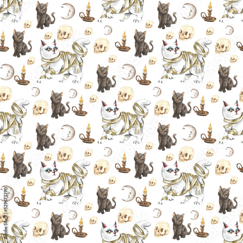 Halloween seamless pattern with cats background.