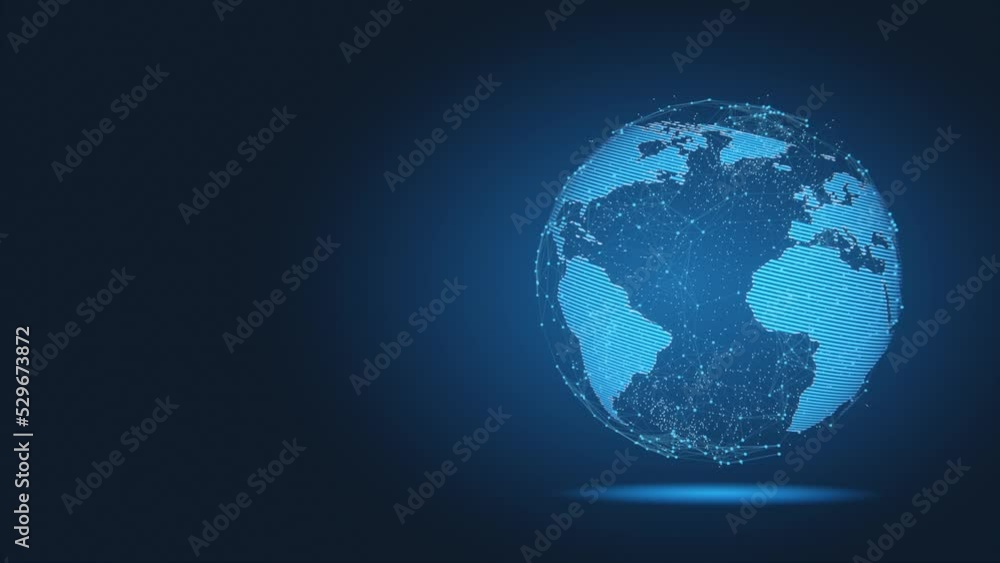 Tech earth globalization in 3d animation. Global Business dots on rotating planet. Tech earth globalization in 3d animation. Global Business dots on rotating planet.