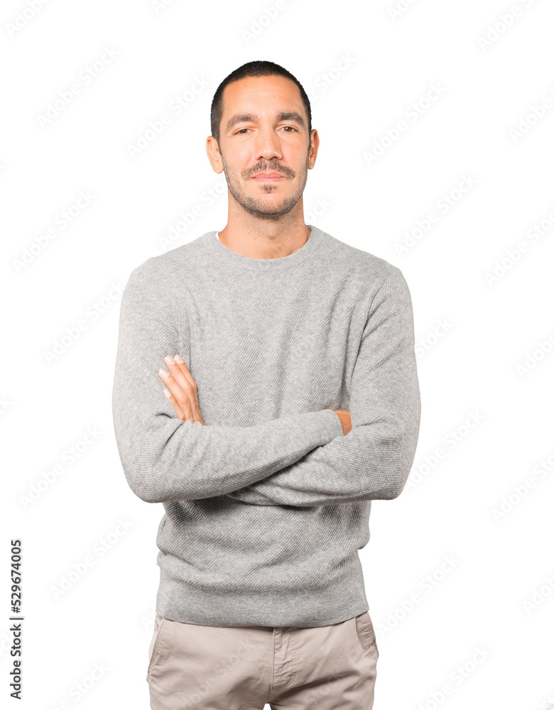 Serious young man looking up gesture