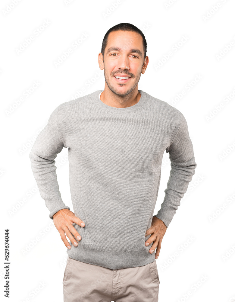 Fototapeta premium Amazed young man looking up gesture