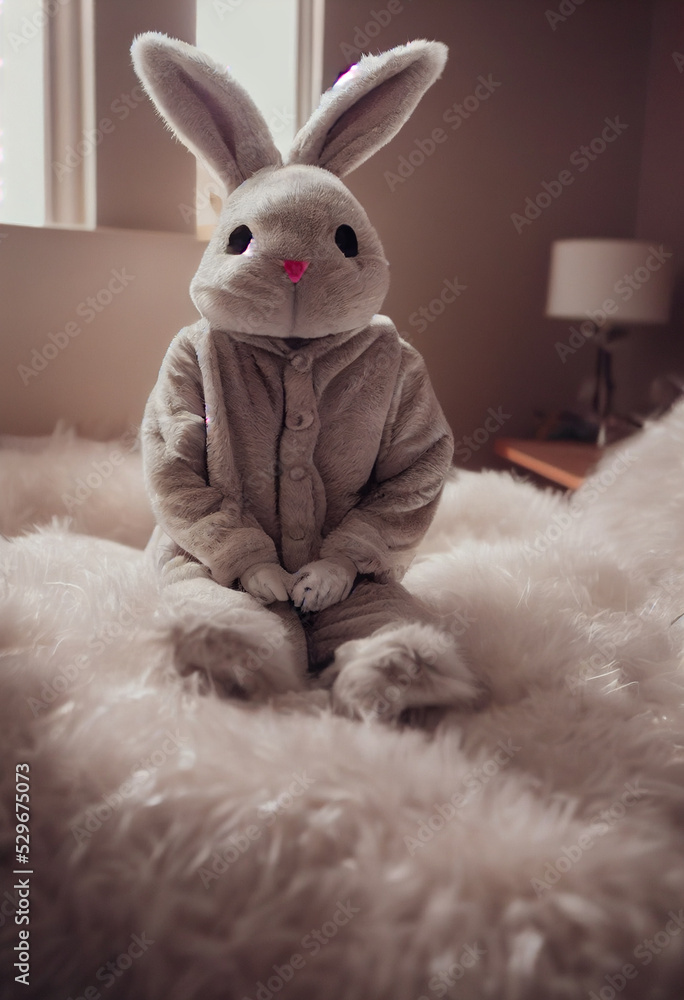 cute plush fluffy bunny in pajamas sits on the bed in the bedroom cute plush fluffy bunny in pajamas sits on the bed in the bedroom