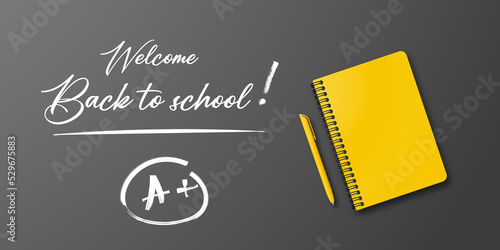 Holiday for students. Back to school. Banner concept with notebook and pen on black background. Place for text. Education poster. Small handwritten text back to school.