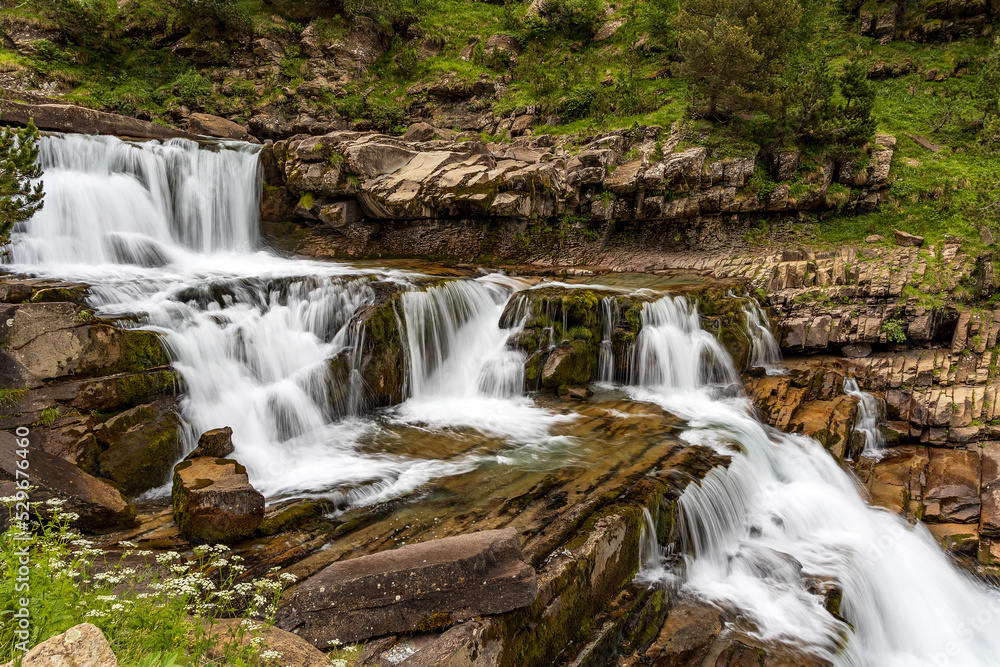 Panoramic view of Gradas de Soaso. Waterfall in the spanish national park Ordesa and Monte Perdido, Pyrenees