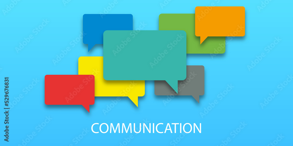  illustration of communication concept. Word communication with colorful dialog speech bubbles. Paper cut style on blue background