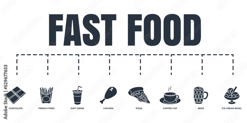 fast food banner web icon set. beer, chicken, french fries, pizza, ice cream bowl, chocolate bar, soft drink, coffee cup vector illustration concept. fast food banner web icon set. beer, chicken, french fries, pizza, ice cream bowl, chocolate bar, soft drink, coffee cup vector illustration concept.