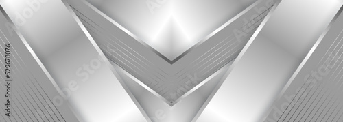 Wide luxury abstract background with silver gradient lines triangle arrows and shadows. Modern light silver color wide metallic banner with angles. Futuristic geometric vector abstract backdrop.