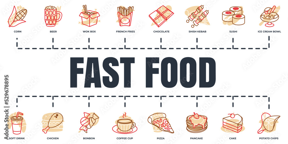 fast food banner web icon set. beer, chicken, french fries, cake, shish kebab, potato chips, corn and more vector illustration concept.