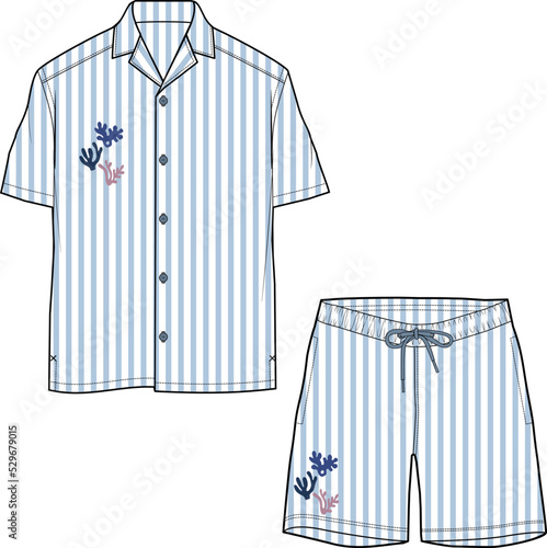 MEN AND BOYS BEACH WEAR DRESS SET SHIRT TEE AND PAJAMA SHORT VECTOR
