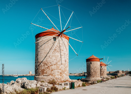 Windmills in Rhodes city in Rhodes island in Greece