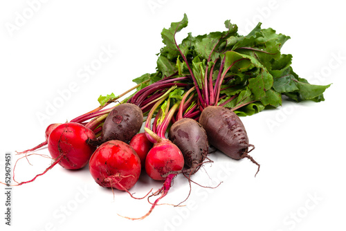 - ein Bund Rote Bete und Ringelbete mit Grün auf weißem Untergrund - Regionales, saisonales Gemüse