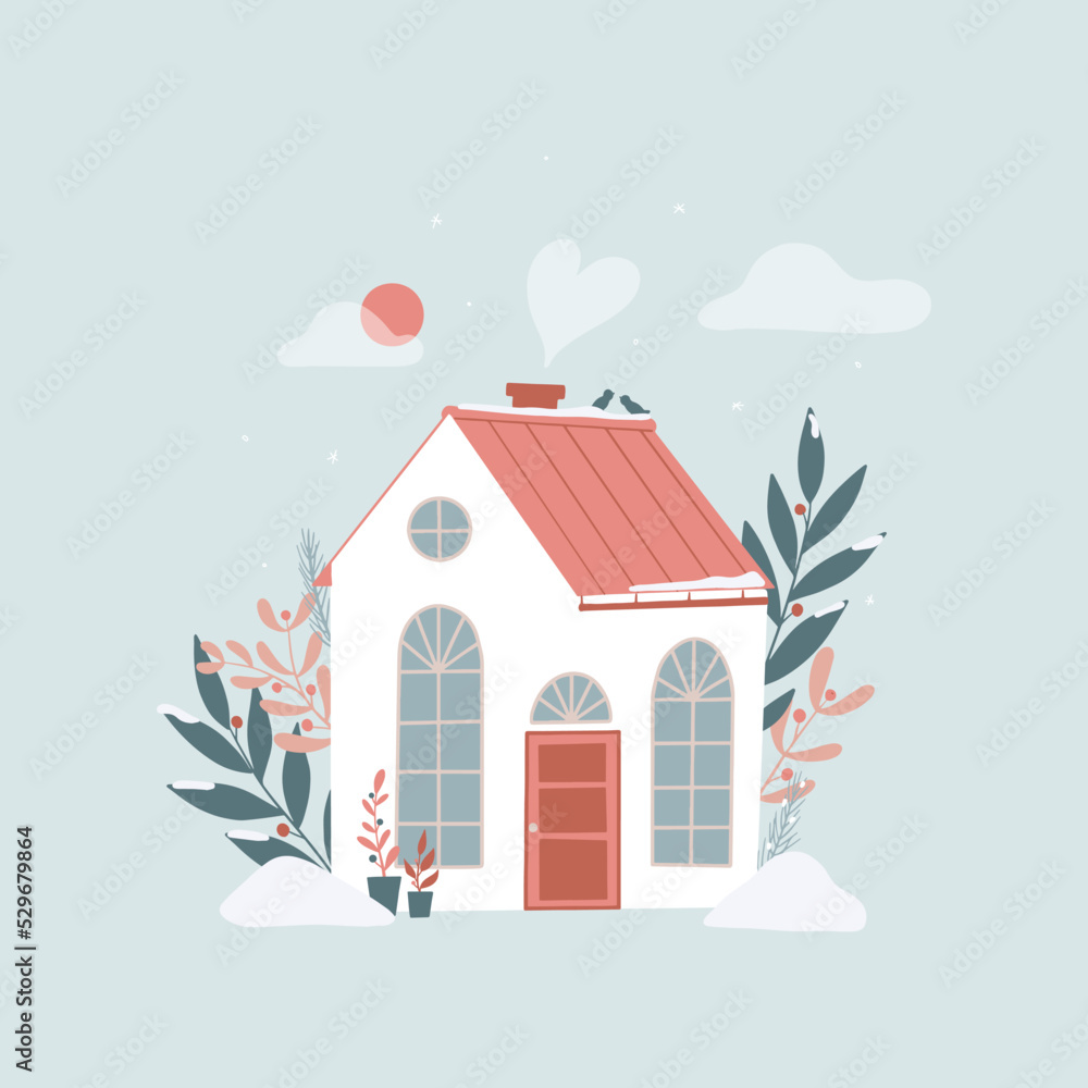 hand drawn cute cottage, counry house decorated with floral elements for posters, prints, greeting cards, banners, invitations, etc. EPS 10