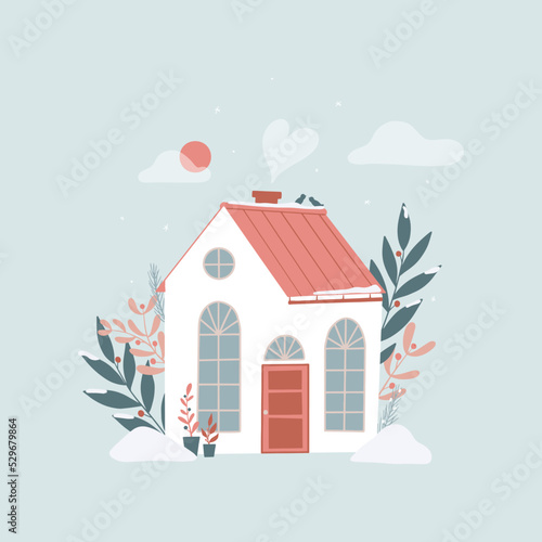 hand drawn cute cottage, counry house decorated with floral elements for posters, prints, greeting cards, banners, invitations, etc. EPS 10