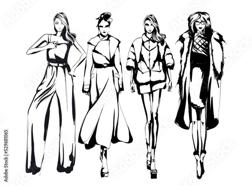 Set of young beautiful women in stylish clothes. Fashion sketch.