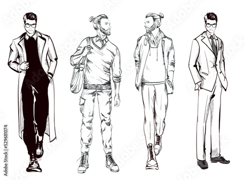 Fashion man set. Sketch of a fashion man in a jacket on a white background. Autumn man. Street style