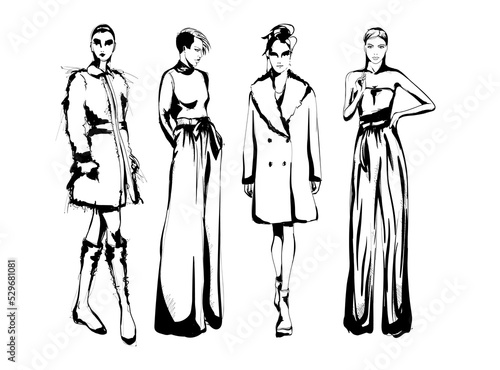 Set of young beautiful women in stylish clothes. Fashion sketch.