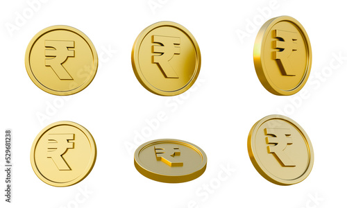 Set of gold coins with indian rupee sign 3d illustration, minimal 3d render illustration