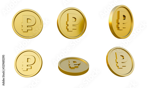 Set of gold coins with russian ruble currency sign or symbol 3d illustration, minimal 3d render.