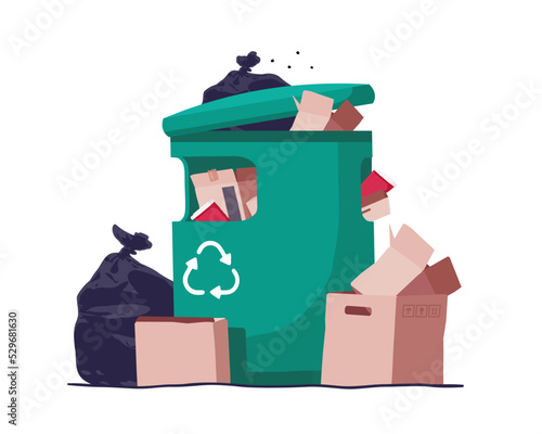 House trash bin. Cardboard box. Heap of rubbish. Garbage bag. Container. Vector illustration.