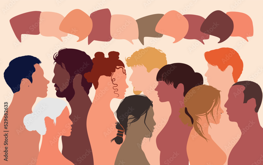 People talking in a crowd. Vector cartoon character profiles. Speech bubbles and communication between people. A diverse group of people in dialogue. People talking in a crowd. Vector cartoon character profiles. Speech bubbles and communication between people. A diverse group of people in dialogue.