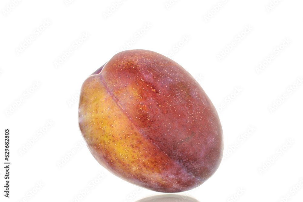 One ripe plum, macro, isolated on a white background. One ripe plum, macro, isolated on a white background.