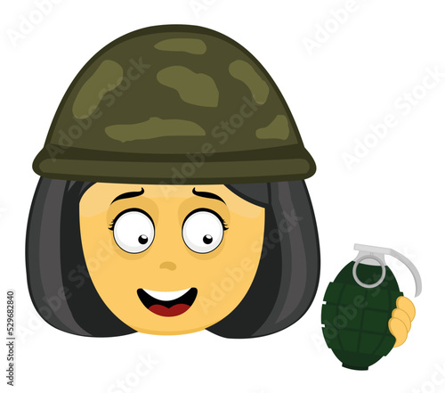 Vector emoji illustration of a yellow cartoon woman with a war helmet and a grenade in her hand