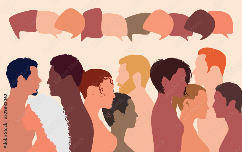 People talking in a crowd. Vector cartoon character profiles. Speech bubbles and communication between people. A diverse group of people in dialogue. People talking in a crowd. Vector cartoon character profiles. Speech bubbles and communication between people. A diverse group of people in dialogue.