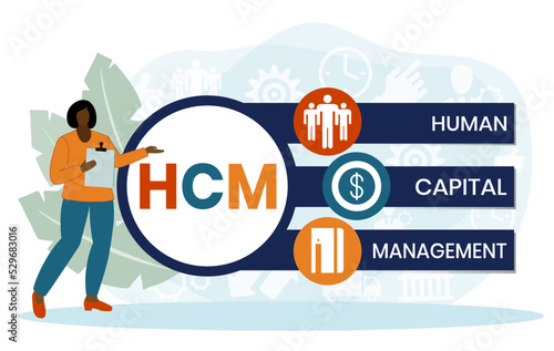 HCM - Human Capital Management acronym. business concept background. Vector illustration for website banner, marketing materials, business presentation, online advertising