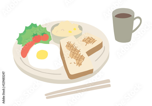 洋食朝ごはんの手描きイラストセット