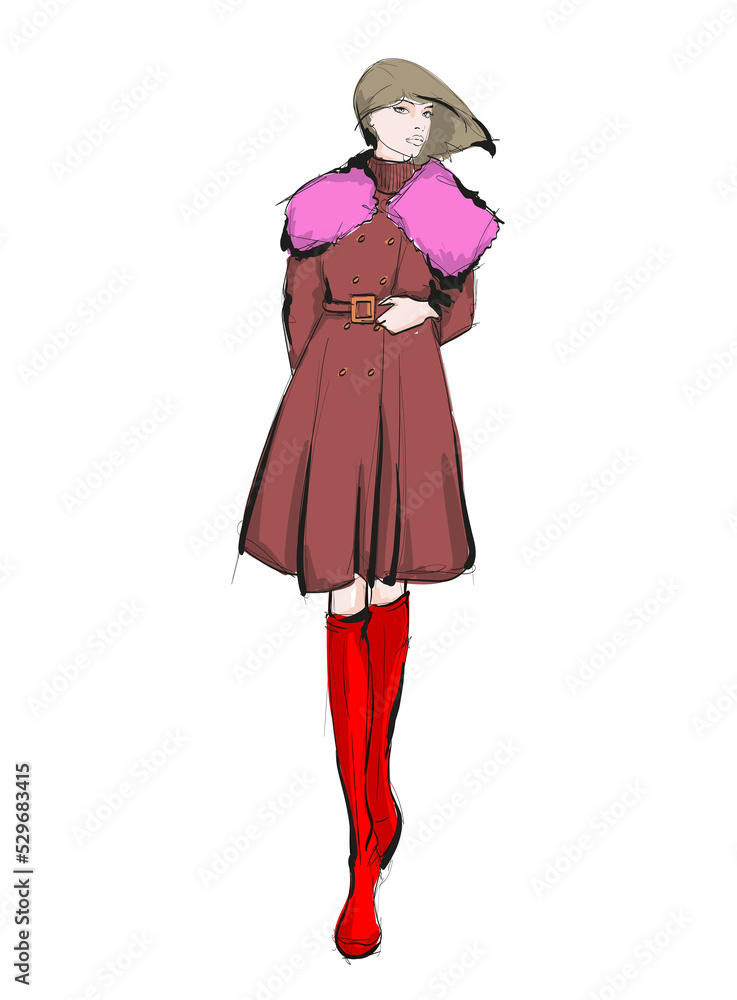 Young beautiful woman in winter clothes. Sale concept. Hand-drawn fashion illustration Young beautiful woman in winter clothes. Sale concept. Hand-drawn fashion illustration